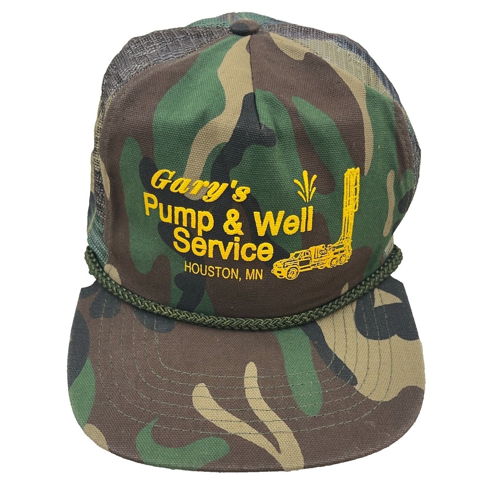 Vintage Camo Trucker Hat Cap SnapBack Rope Garys Pump Well Trucking 90s Army